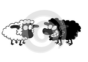 Worried White Sheep And Smiling Black Sheep