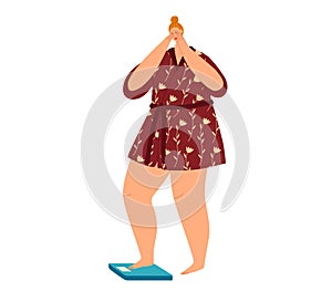Worried woman in a bathrobe weighing herself. Anxious female on a scale, weight loss concept, vector illustration
