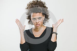 Worried woman making gesture with her hands