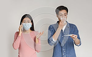 Worried Woman In Medical Mask Calling To Doctor Because Of Sick Boyfriend