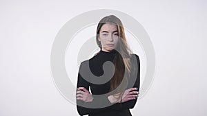 Worried woman over white background