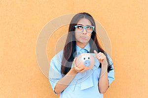 Worried Woman with Piggy Bank thinking what to Invest in