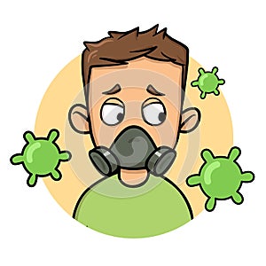 Worried young guy in a gas mask looking at viruses around him. Coronavirus prevention, world quarantine. Cartoon design icon.