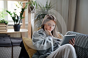 Worried young woman with blanket using tablet at home, coronavirus concept.