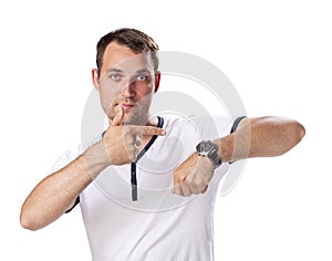 Worrier man running out of time looking his watch