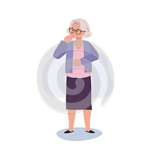 Worry and Anxiety Concept. Depressed Elderly Lady Contemplating Life. Full Length Illustration of Worried Elderly Woman
