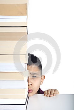 Worry student face and books