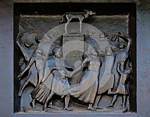 The Worship of the Golden Calf, relief on the door of the Grossmunster church in Zurich