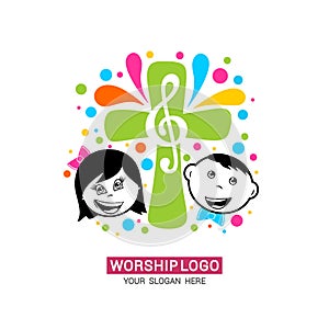 Worship logo. Children glorify God, sing glory and praise to Him photo