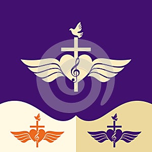 Worship logo. Cristian symbols. Cross of Jesus, heart, musical note and wings.