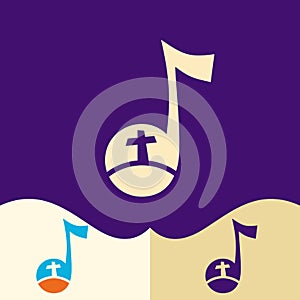 Worship logo. Cristian symbols. The Cross of Jesus in a musical note