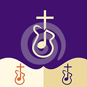 Worship logo. Cristian symbols. Cross of Jesus, musical note and guitar. photo