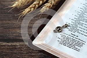 Worship and obedience to God Jesus Christ verses in open holy bible, Psalm 95 with antique treble clef and wheat on wooden table