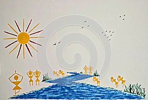 Worship of the Sun, River, Birds, and People - Abstract Natural Wall Painting - Geometric Shapes People like Warli Art