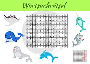 WortsuchrÃ¤tsel - Word search puzzle. Kids activity worksheet colorful printable version. Educational game for study German words