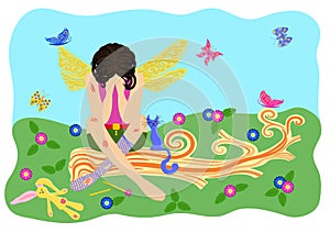 The wounded fairy cries. The fairy sits on a fallen tree. Vector