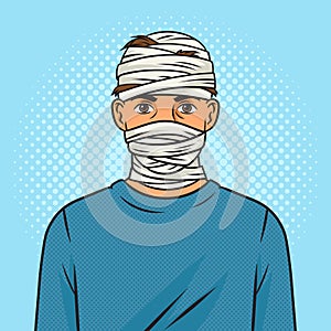 wounded man bandaged head pinup pop art vector