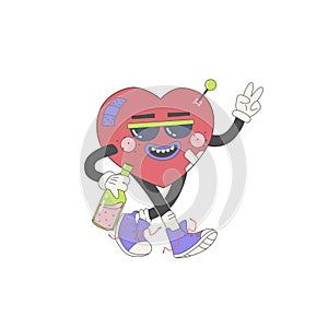 Wounded red cartoon heart in sunglasses and with a bottle