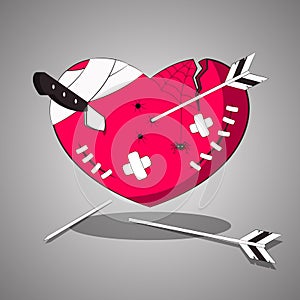 A wounded, tortured heart with cuts and wounds. Vector illustration.