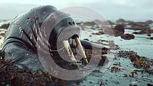 A wounded walrus with white fangs, covered with oil waste and fuel oil. The scene is gloomy and gloomy, and the walrus looks