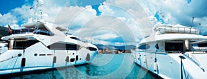 A woundeful yacht is in a blue sea. Traveling, yachting, sailing concept. photo