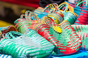 Woven bags on the market, Rarotonga, Aitutaki, Cook Islands. With selective focus