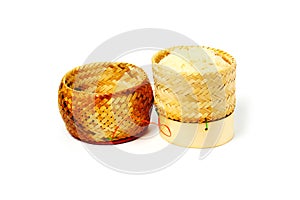 Woven bamboo rice box for sticky rice on white background.