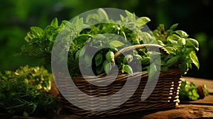 Woven basket brimming with aromatic herbs