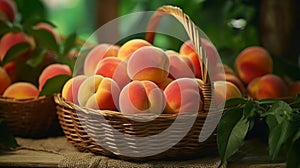 Woven basket brimming with juicy peaches