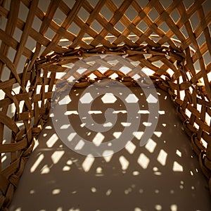A woven basket creates an intricate pattern of light and shadow on a white surface.