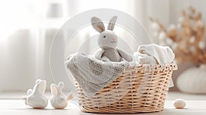 Woven basket filled with white baby clothes and toys. The basket contains two stuffed animals: one brown teddy bear and