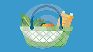 A woven basket made from upcycled plastic bags perfect for carrying produce from the farmers market.. Vector photo