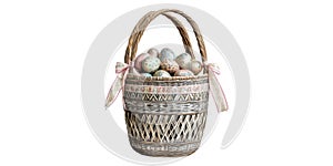 Woven basket with patterned easter eggs isolated on transparent background