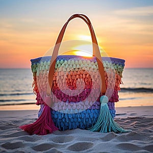 A woven beach tote bag with colorful tassel details, perfect for carrying towels and sunscreen