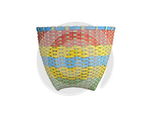 Woven colorful plastic basket isolated on white background