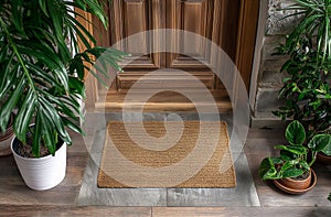 Woven Jute Blank Welcome Mat At Custom Front Door of House. Generative AI