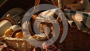 Woven plaid picnic basket filled with fresh organic fruit for summer generated by AI