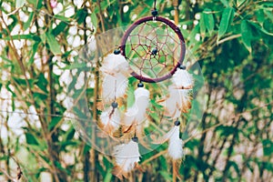 Woven round dream catcher with beads feathers hanging swinging in the wind in bamboo forest. Spiritual accessory lucky charm