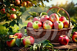 Basket of Apples in Apple Orchard photo