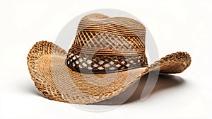 Woven straw cowboy hat with a distinctive openwork pattern and curved brim on a white background
