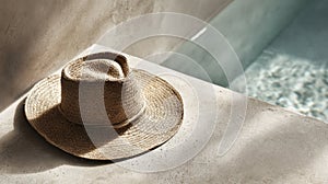 Woven straw hat beside a serene pool