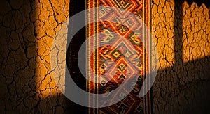 Woven textile hangs on cracked clay wall bathed in warm light
