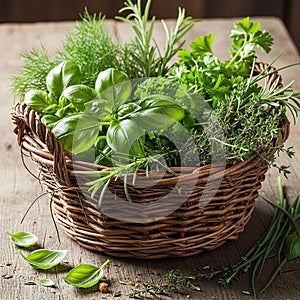 Herb leaves and sprigs lie scattered on the table, enhancing the natural