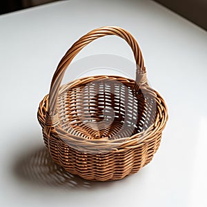 Woven wicker basket with a sturdy handle, resting on a smooth, white surface. The