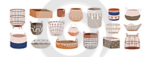 Woven wicker baskets set. Trendy interior basketry designs from rattan, fabric rope, jute. Empty storage boxes of
