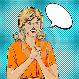 Wow bubble pop art surprised woman face. Pop Art illustration of a comic style, girl speech bubble.