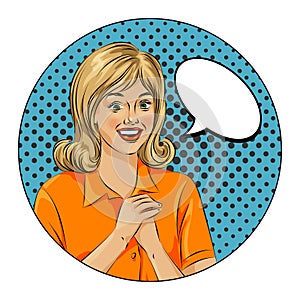 Wow bubble pop art surprised woman face. Pop Art illustration of a comic style, girl speech bubble.