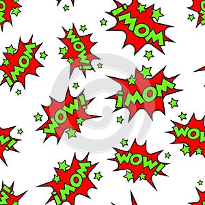 Wow comic sound effects seamless pattern background.