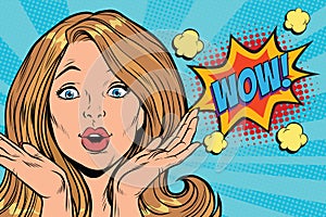 Wow delight pop art woman face