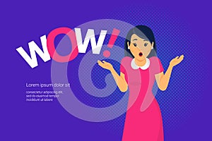 Wow emotion concept vector illustration of amazed young woman with open mouth making hands gesture